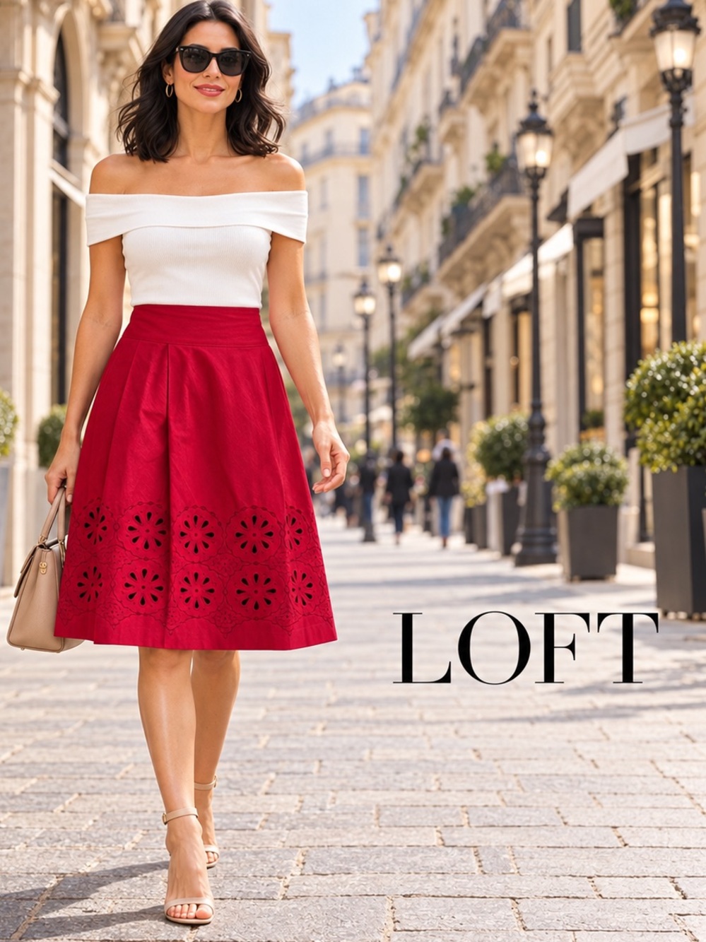 🌸LOFT Red Midi Skirt with Laser-Cut Hem Eyelet size 10P Feminine Chic